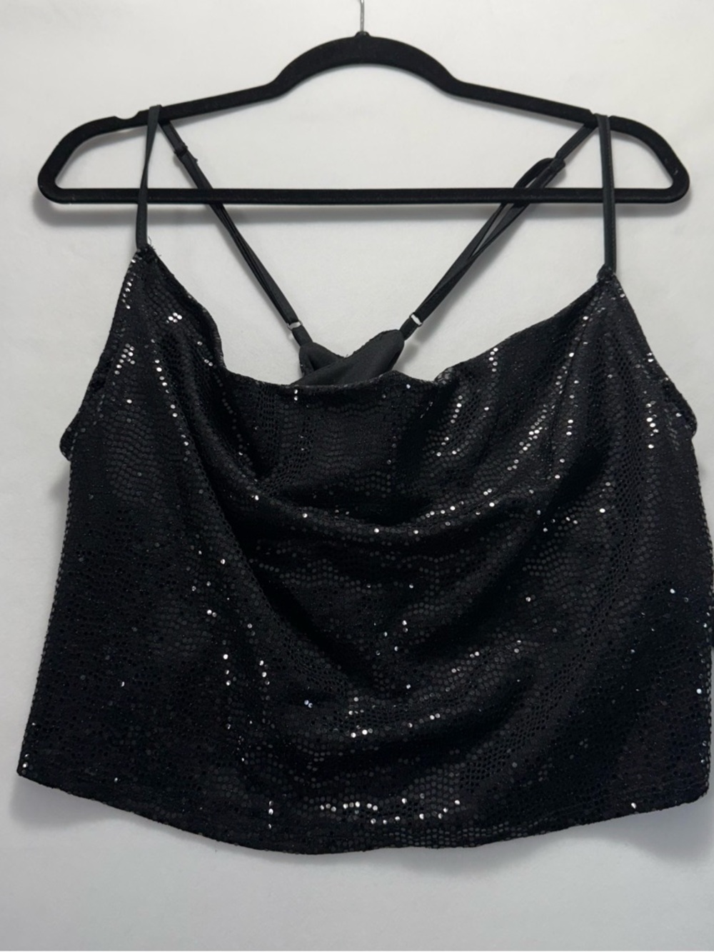 Express Black Sequin Draped Cami with Adjustable Straps